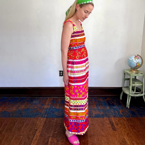 Vintage 60s 70s Psychedelic Hippie Floral Maxi Sleeveless Dress / Small - Picture 4 of 9